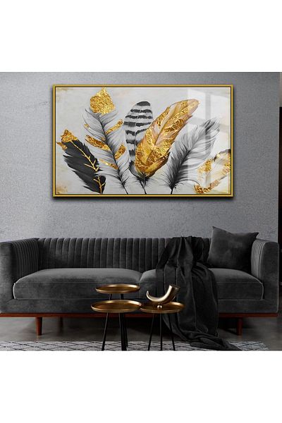 Harikabirev ΥΠΕΡΑΣΤΗ | LOVED FEATHER PAINTING 03 ΓΚΡΙ-ΧΡΥΣΟ ΠΙΝΑΚΑΣ ΜΕ ΣΤΕΡΕΟ ΓΥΑΛΙ ΜΟΝΟ ΟΡΙΖΟΝΤΙΟ