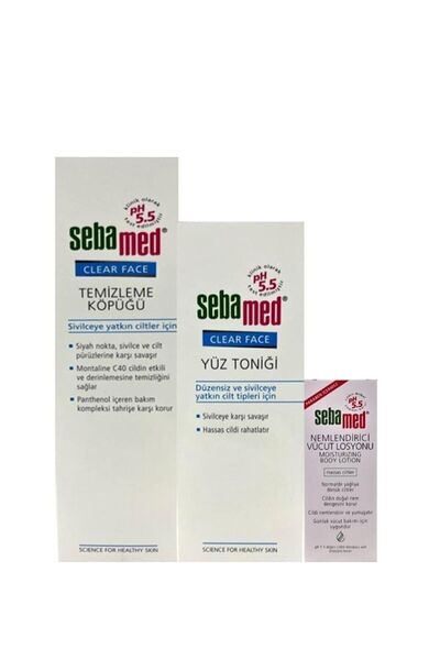 Sebamed Clear Face Yüz Temizleyici Köpük 150 ml, Yüz Temizleyici Tonik 150 ml , Mini Vücut Los. 20 ml Hediye