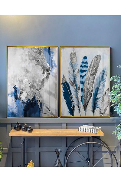 Harikabirev | navy blue Ασημί Συνδυασμός Navy Blue Feather And Left | πλαίσιο Τραπέζι από σκληρυμένο γυαλί 2 τεμαχίων κάθετο
