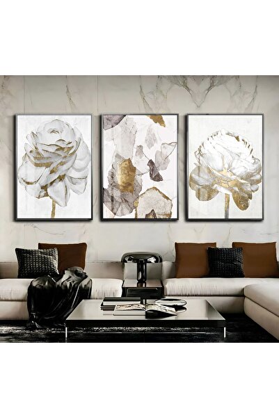 Harikabirev HARİKABİREV | COMBINAT DE TRIANY ALB-AUR 01 | TABLO DE STICLA CU CADRU 3 PIESE VERTICAL