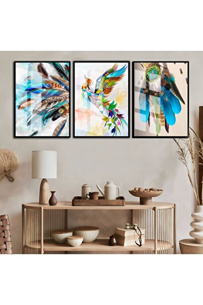 Harika bir ev WONDERFUL COLORFUL BIRD-FEATHER COMBINATION FRAMED TEMPERED GLA...
