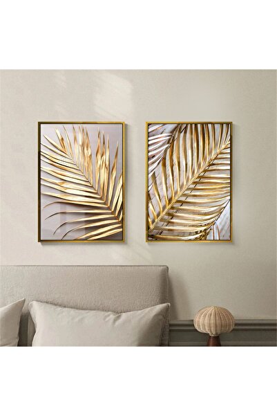 Harikabirev HARİKABİREV|GOLD-SOFT YAPRAK KOMBİNİ |ÇERÇEVELİ CAM TABLO 2Lİ DİKEY