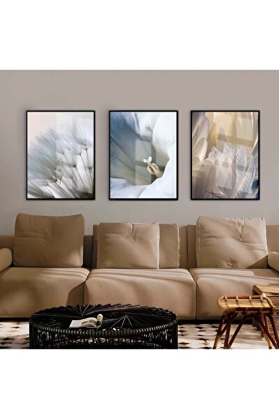 Harikabirev HARİKABİREV | COMBINAT DE FLORI ALBASTRU-ALB-CREM | TABLO DE STICLA CU CADRU 3 PIESE VERTICAL
