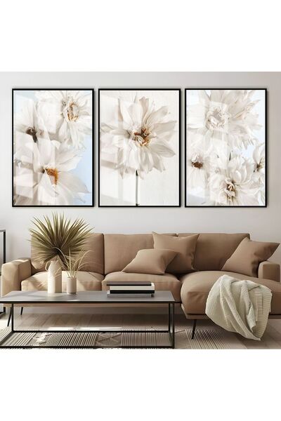 Harikabirev HARİKABİREV | COMBINAT DE FLORI ALBE 01 | TABLO DE STICLA CU CADRU 3 PIESE VERTICAL