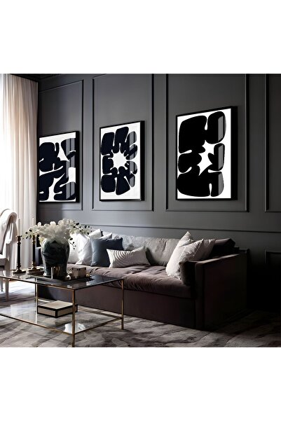 Harikabirev HARİKABİREV | COMBINAT DE ABSTRACTE ABSTRACTE ALB NEGRU 01 | TABLO DE STICLA CU CADRU 3 PIESE VERTICAL