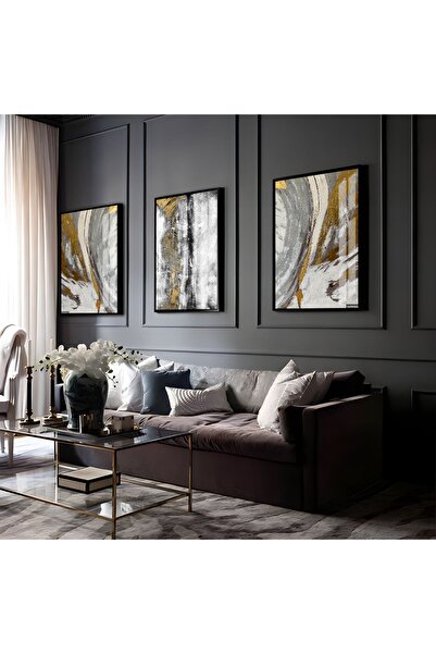Harikabirev HARİKABİREV|GRİ-GOLD-SİYAH SOYUT ABSTRACT KOMBİNİ 02 |ÇERÇEVELİ CAM TABLO 3LÜ DİKEY
