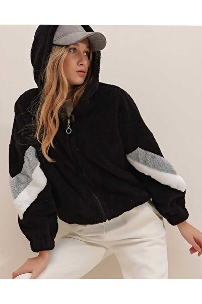 Azra Moda Style معطف أسود بغطاء للرأس وأكمام بسحاب كبير الحجم للنساء