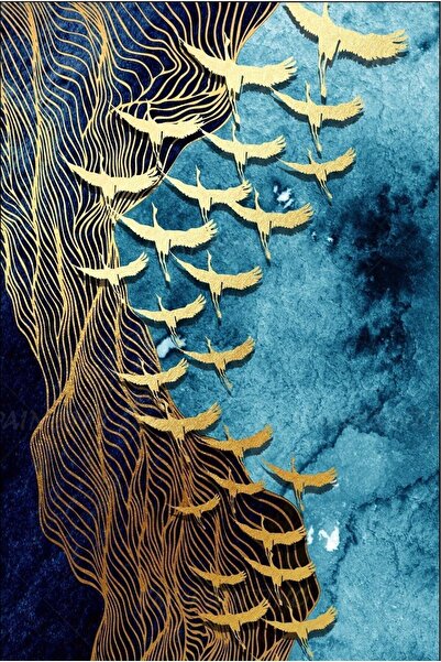 Harikabirev HARİKABİREV|GOLD-MAVİ BALIK-KUŞ KOMBİNİ 1 |ÇERÇEVELİ TEMPERLİ CAM TABLO 3LÜ YATAY