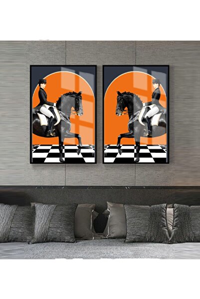 Harikabirev HARİKABİREV | COMBINAT NEGRU-PORTOCALIU SANTRAC FLOARĂ FEMEI JOKEY | TABLO DE STICLA CU CADRU 2 PIESE VERTICAL