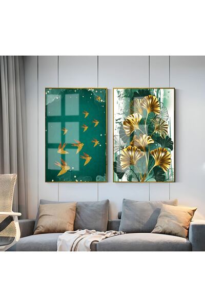 Harikabirev HARİKABİREV | COMBINAT DE PĂSĂRI ȘI FRUNZE VERDE-AURIE 01 | TABLO...