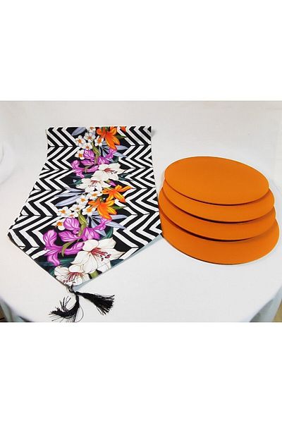 YSHOME Digital Printing Purple Lily Patterned Runner and Orange Color 4-Piece Set