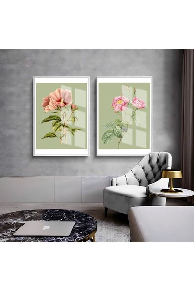 Harikabirev HARİKABİREV | COMBINAT DE FLORI MOALE ALB-VERDE-ROZ 01 | TABLO DE STICLA CU CADRU 2 PIESE VERTICAL