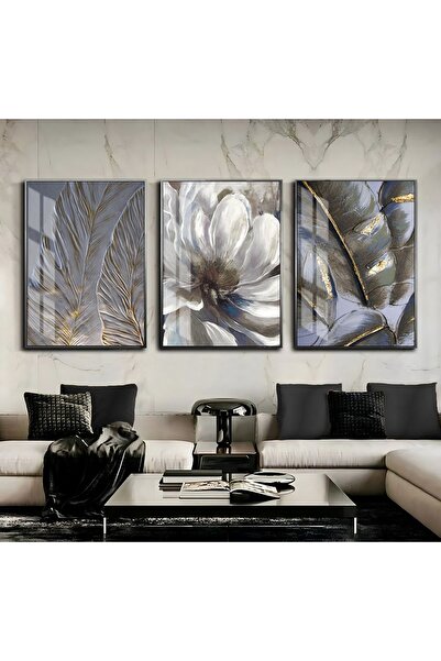Harikabirev HARİKABİREV | COMBINAT DE FLORI GRI-ALB-GALBEN 01 | TABLO DE STICLA CU CADRU 3 PIESE VERTICAL