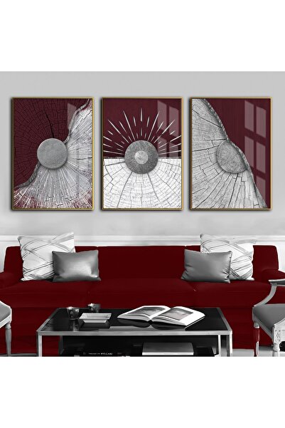 Harikabirev HARİKABİREV|BORDO - GRİ SOYUT ŞEKİL KOMBİNİ 3 |ÇERÇEVELİ TEMPERLİ CAM TABLO 3LÜ DİKEY
