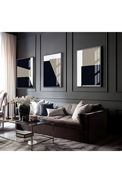 Harikabirev HARİKABİREV | COMBINATIE ABSTRACTĂ NEGRU-ALB 07 | TABLO DE STICLA CU CADRU 3 PIESE VERTICAL