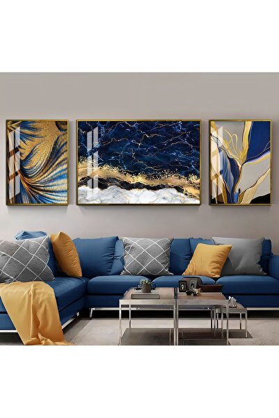 Harikabirev HARİKABİREV|LACİVERT-GOLD RENK SEVİLEN SOYUT KOMBİNİ 1|ÇERÇEVELİ TEMPERLİ CAM TABLO 3LÜ YATAY