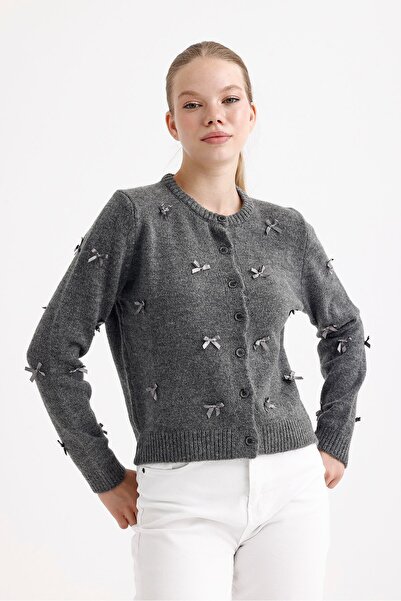 fujya Women's Crew Neck Ribbon Detailed Silk Anthracite Knitwear Cardigan