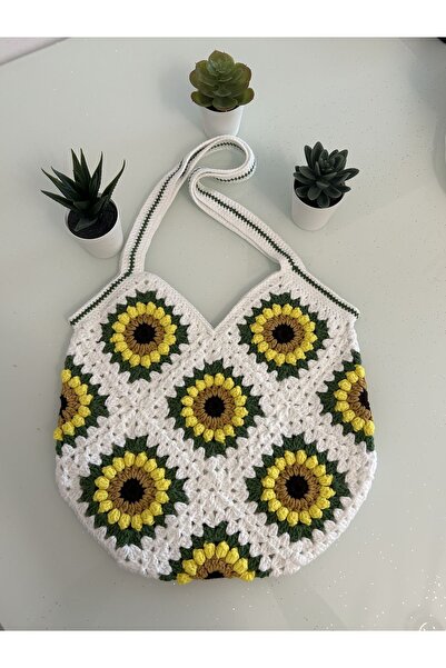 B BUL AKSESUAR Ayçiçeği motifli el yapımı kadın omuz çanta