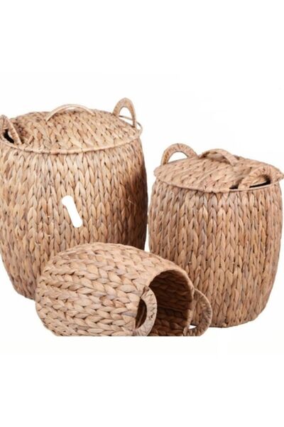 CasaLinda Hasır Bombeli Küçük Boy Kapaklı Sepet 5003