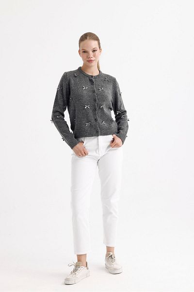 fujya Women's Crew Neck Bow Anthracite Knitwear Cardigan