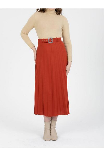 BAV Butik Ayvitrin Women's Belted Pleated Skirt Cinnamon