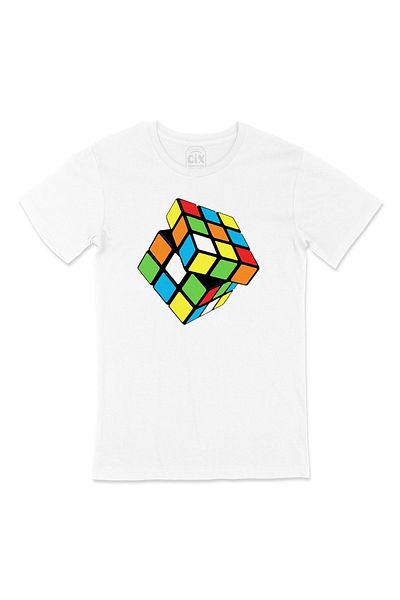 Cix Tricou alb cu design al cubului Rubik cu logo-ul de buzunar