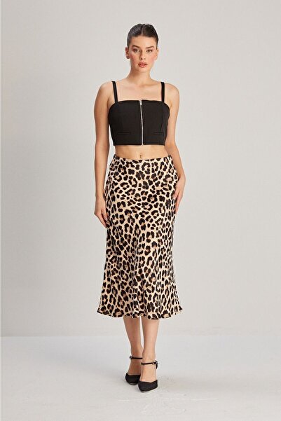 Hisleria Beige Midi Length Leopard Patterned Viscose Skirt