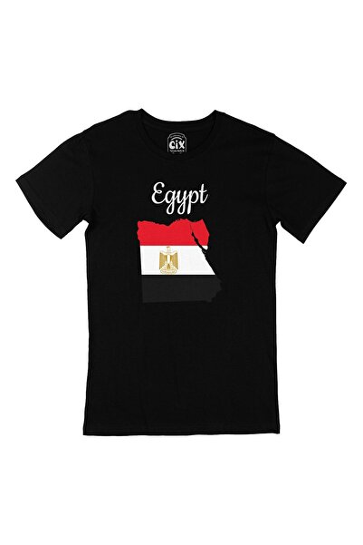 Cix Unisex Siyah Mısır Haritalı ve  Bayraklı Kısa Kol  T-Shirt