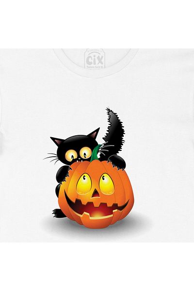 Cix Tricou alb cu logo-ul de buzunar al pisicii de Halloween