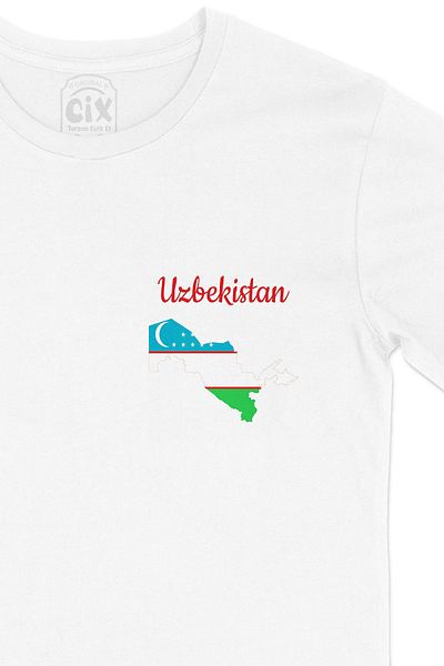 Cix Tricou alb cu hartă Uzbekistanului și design de logo pentru buzunar pentru steagul