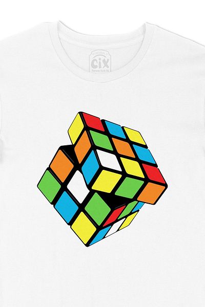 Cix Tricou alb cu design al cubului Rubik cu logo-ul de buzunar