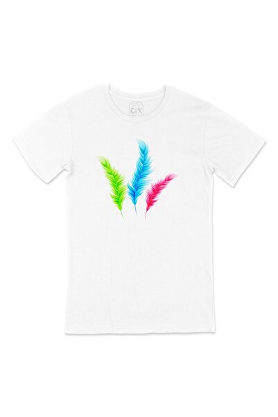 Cix White T-Shirt with Colorful Feather Design and Pocket Logo Design