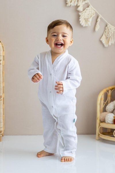 BeyzBaby Şile Bezi Bebek Beyaz Uzun Kollu Çapraz Müslin Tulum