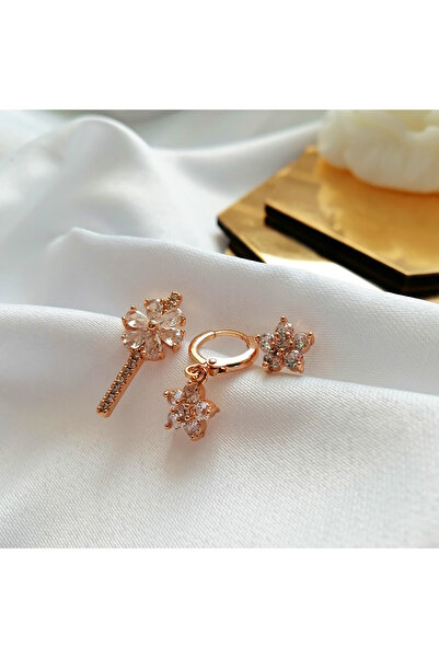 Butik Kadın Çelik Gold Pembe-Beyaz-Turuncu Taş 3'lü Çiçek Küpe