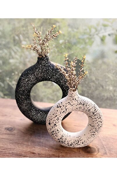 thiramis homeconcept Siyah & Beyaz Granit Halka Vazo 2’li 19x17-15x14’cm