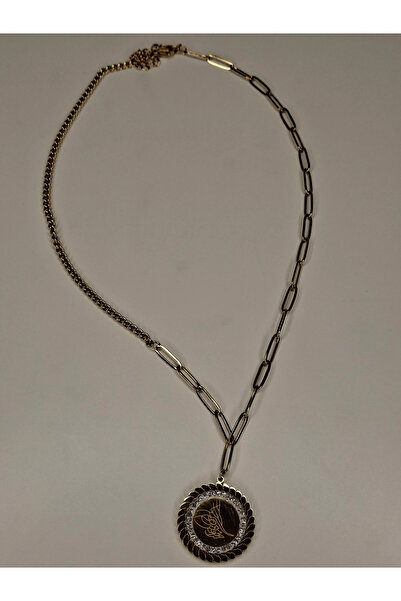 Çelik Zirkon Taşlı Gold Renk Tuğralı Kolye