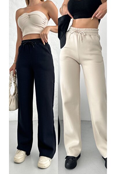 veres Winter High Waist Fleece Sweatpants - Black and Beige, 3 Yarn, Wide Leg