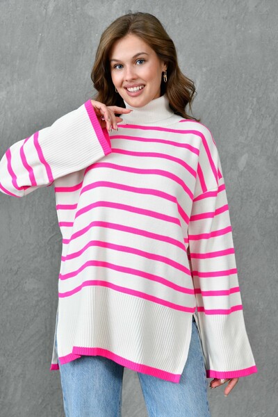 bayansepeti Pink Striped Turtleneck Oversized Knitwear Sweater - Off Shoulder, Long Sleeve, Side Slit 2544