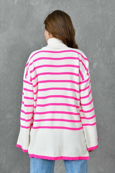 bayansepeti Pink Striped Turtleneck Oversized Knitwear Sweater - Off Shoulder, Long Sleeve, Side Slit 2544