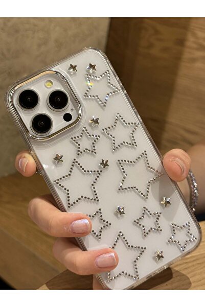 Paladyum Case iPhone 14 Promax Uyumlu Gümüş Yıldızlı Şeffaf Kılıf