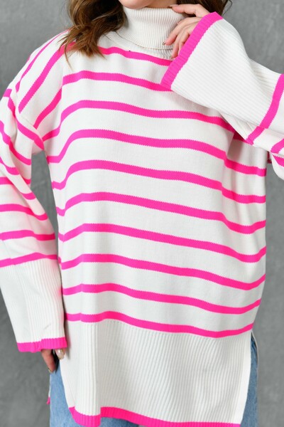 bayansepeti Pink Striped Turtleneck Oversized Knitwear Sweater - Off Shoulder, Long Sleeve, Side Slit 2544