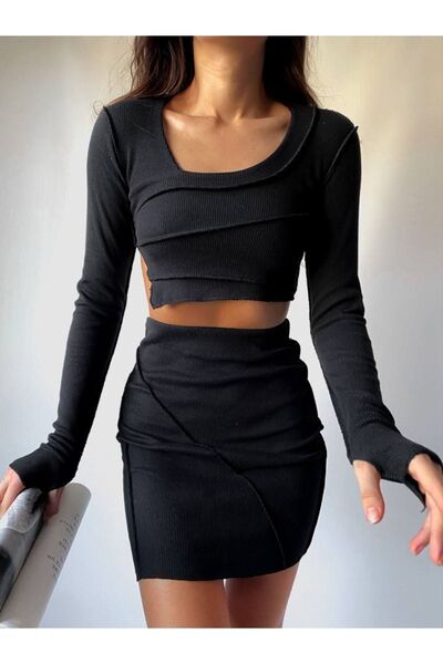 scyllastore Set de top negru cu fustă cu cusătură inversă