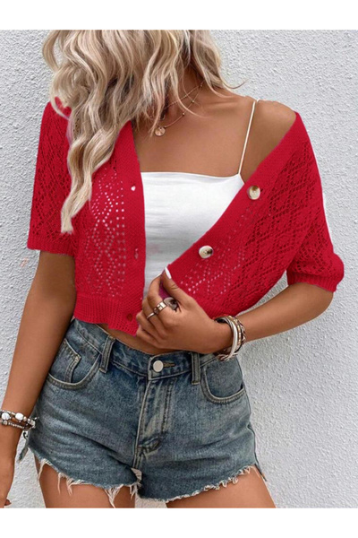 YUGA KNİTTİNG AJURLU - Perforated Short Sleeve Seasonal Knitwear Cardigan