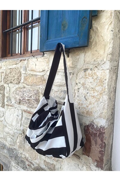 LUNAFEL Τσάντα χειρός και τσάντα ώμου με τρεις λαβές μαύρη ριγέ υφασμάτινη τσάντα - μεσαίου μεγέθους