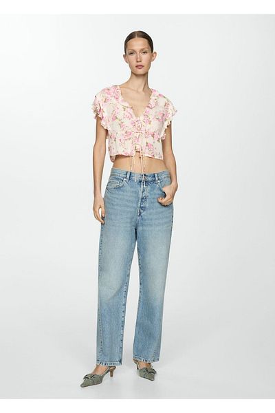 MANGO Woman Floral μπλούζα με λεπτομέρεια γραβάτα