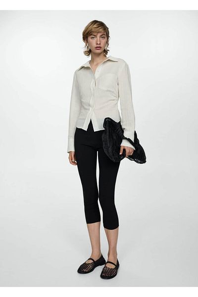 MANGO Woman Λινό πουκάμισο με λεπτομέρεια ντραπέ