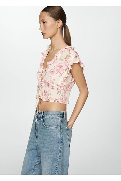 MANGO Woman Floral μπλούζα με λεπτομέρεια γραβάτα