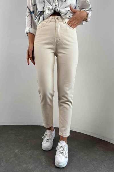WODDİ High Waist Mom Women's Jean Trousers Ecru