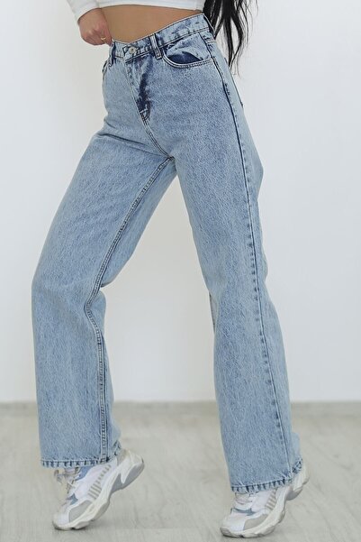 WODDİ Blugi de damă Gloria, largi, albastru deschis, cu spălare acidă, cu tal...