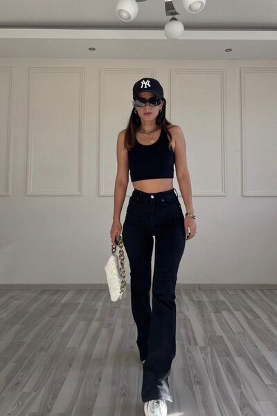 WODDİ Ψηλόμεσο Μαύρο Τζιν Καμπάνα με Ελαστικότητα